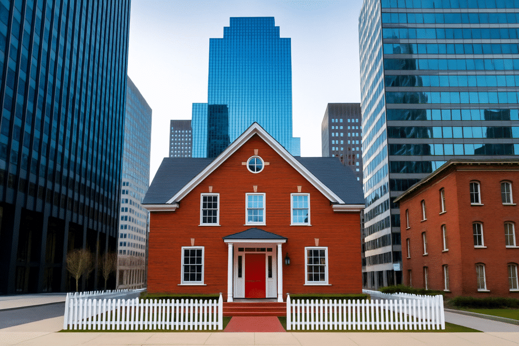 A two-story red brick house with a white picket fence and a bright red front door stands in the middle of a city block, surrounded by tall modern glass skyscrapers.