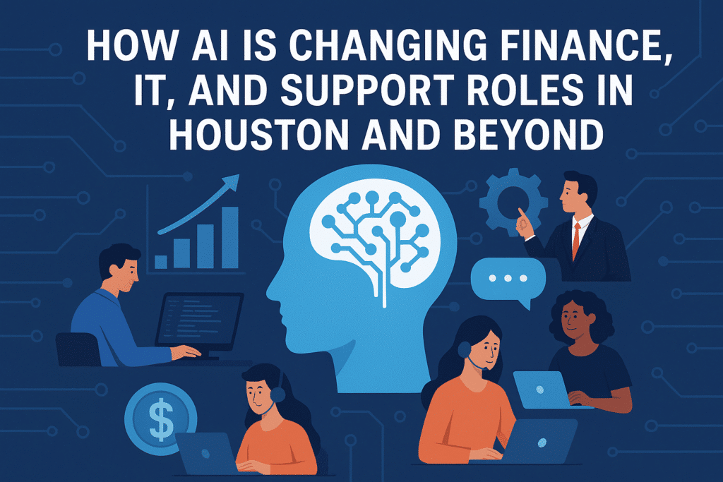 Illustration showing how AI is changing finance, IT, and support roles. A central human head with a brain-shaped AI circuit is surrounded by icons and workers: a man coding at a computer, a bar chart with an upward arrow, a dollar symbol, customer support agents with headsets, and a business professional pointing at a gear.