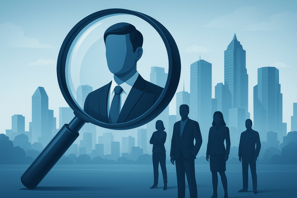 3D-style illustration of a magnifying glass highlighting an executive in a suit, with four other professional silhouettes standing nearby against the Houston skyline in layered blue tones.