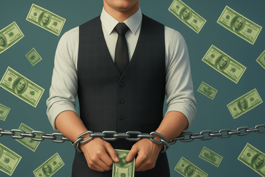 A man in a dress shirt, tie, and checkered vest stands centered against a teal background, with his wrists chained together while holding a hundred-dollar bill. The silver chains extend outward to the edges of the image, and multiple floating dollar bills surround him