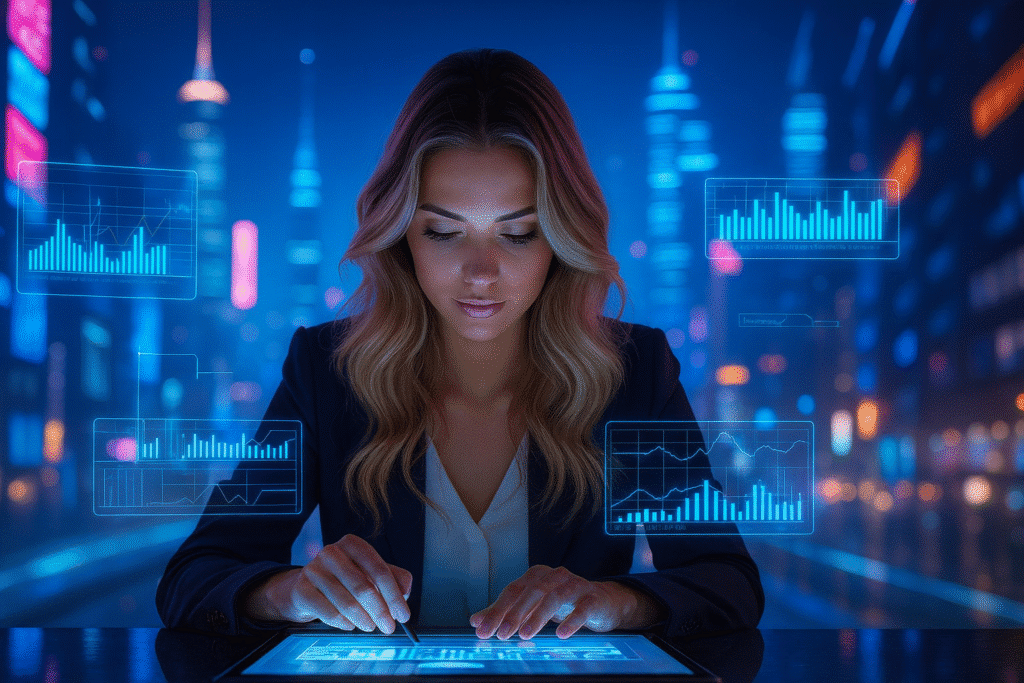 A young professional woman with long blonde hair sits at a table in a futuristic city at night, wearing a navy blazer over a white blouse. She uses a stylus on a glowing tablet, surrounded by floating holographic financial charts. Neon-lit skyscrapers and colorful city lights create a vibrant cyberpunk backdrop.
