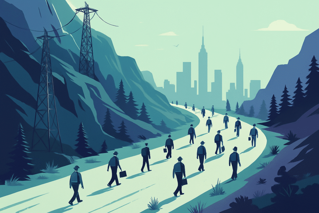 Illustration of workers walking along a winding road through mountain valleys toward a distant city skyline, symbolizing the modern workforce journey and economic shifts.