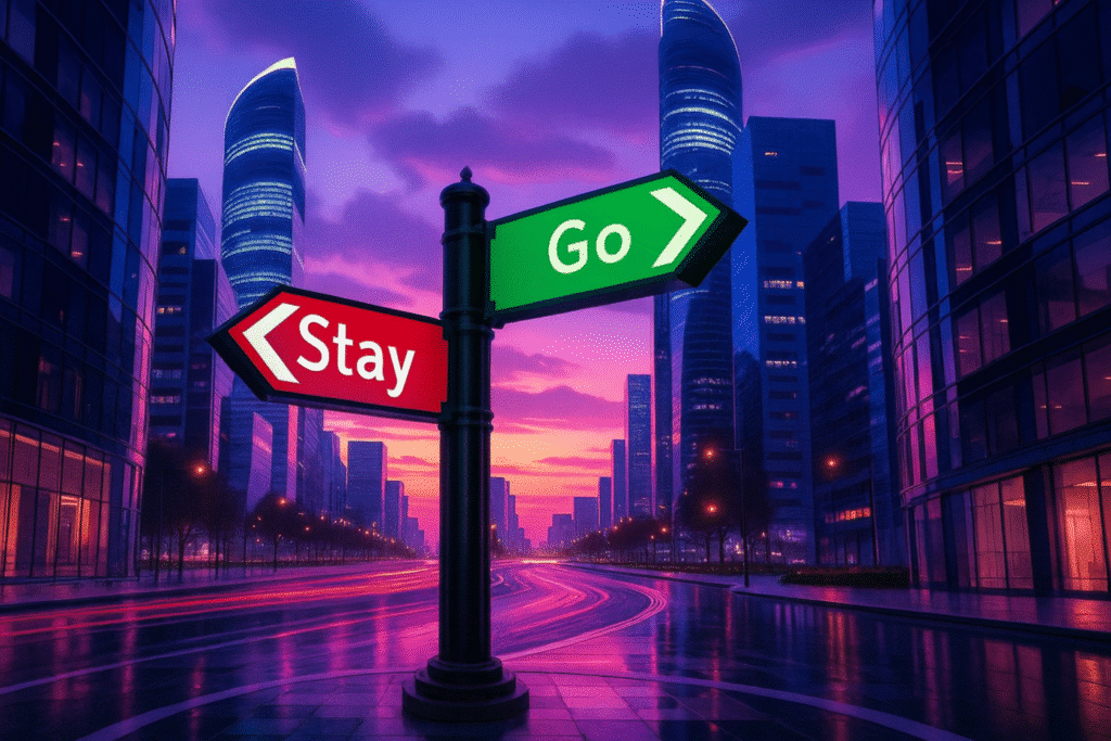 Futuristic cityscape at dusk with neon-lit skyscrapers and glowing roads. At the center, a black signpost has two illuminated arrows: a red one pointing left labeled ‘Stay’ and a green one pointing right labeled ‘Go.