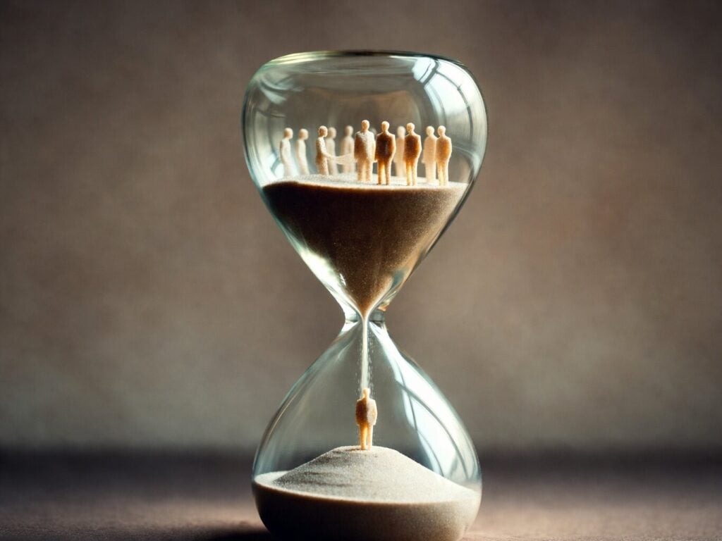 Hourglass with people silhouettes representing time passing during a long hiring process and the cost of leaving positions unfilled.