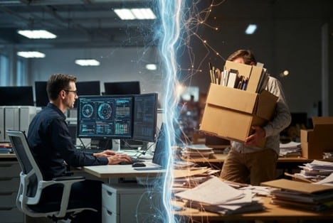 Office scene split in half showing a worker using AI-powered tools on one side and another employee leaving with a box on the other, symbolizing jobs being created and lost.