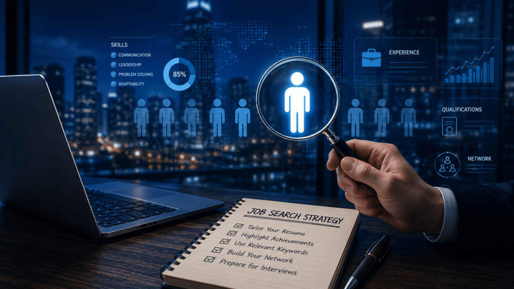Job search strategy concept showing a candidate selection process with a magnifying glass highlighting a job applicant, alongside skills, experience, qualifications, and networking metrics displayed on a digital recruitment dashboard. A notebook lists resume optimization, networking, keyword targeting, and interview preparation strategies for navigating a competitive job market.