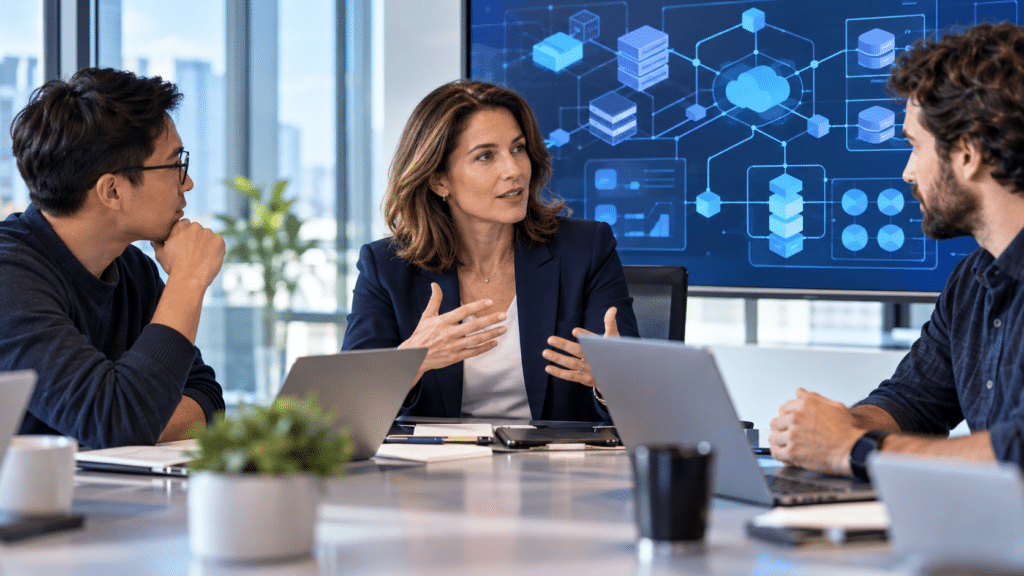 Engineering leader discussing an AI platform with two engineers in a modern office.